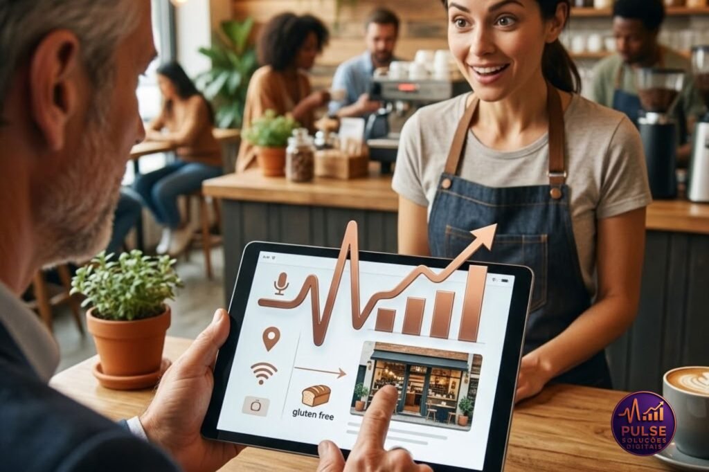 Um homem de terno usa um tablet em uma cafeteria para visualizar dados de crescimento e recomendações de uma padaria local "gluten free". O tablet exibe ícones de pesquisa por voz e localização, ilustrando como o SEO Local e Inteligência Artificial trabalham juntos para conectar consumidores a negócios autênticos em Itapema