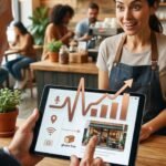 Um homem de terno usa um tablet em uma cafeteria para visualizar dados de crescimento e recomendações de uma padaria local "gluten free". O tablet exibe ícones de pesquisa por voz e localização, ilustrando como o SEO Local e Inteligência Artificial trabalham juntos para conectar consumidores a negócios autênticos em Itapema