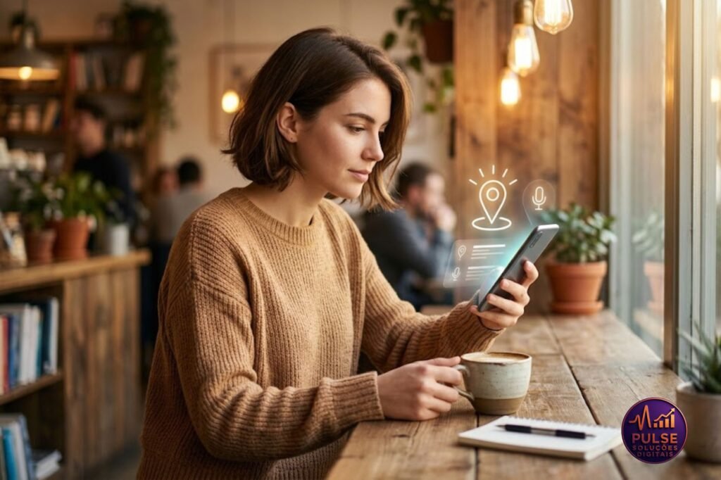 Uma fotografia em estilo lifestyle aconchegante mostrando uma pessoa em uma cafeteria charmosa, segurando um smartphone com a tela brilhando sutilmente. A iluminação é quente e acolhedora, transmitindo a ideia de uma busca local sendo feita de forma natural e cotidiana.