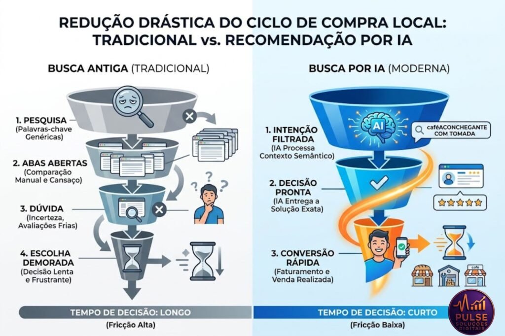 Um infográfico de funil comparativo elegante e clean. Do lado esquerdo (Busca Antiga), um funil longo e cheio de etapas de atrito (Pesquisa > Abas Abertas > Dúvida > Escolha). Do lado direito (Busca por IA), um funil curtíssimo e direto, onde a IA filtra a intenção e entrega a "Decisão Pronta", ilustrando a redução drástica do ciclo de compra local. Cores em tons de azul e laranja para destacar a conversão rápida.