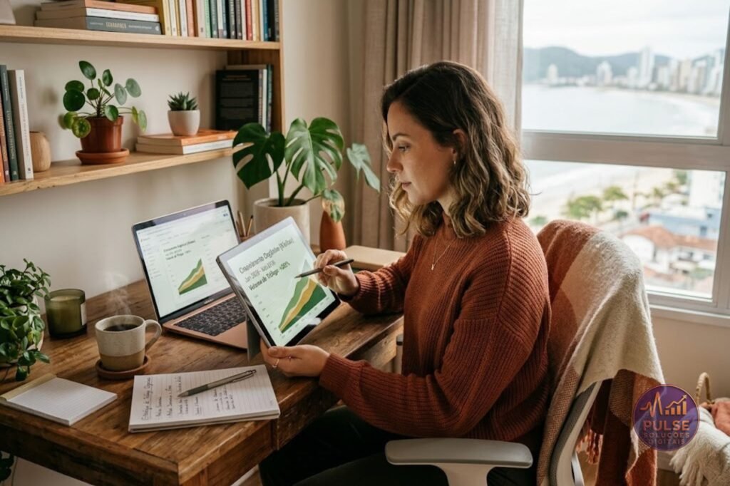 Descrição visual para o layout: Uma fotografia em estilo lifestyle aconchegante mostrando uma pessoa em um ambiente de trabalho confortável e iluminado por luz natural (como um home office moderno ou cafeteria), focada analisando gráficos de crescimento em um tablet ou notebook. A paleta de cores deve ter tons quentes e terrosos, transmitindo a ideia de crescimento orgânico, constância e uma jornada de negócios fluida e humanizada.