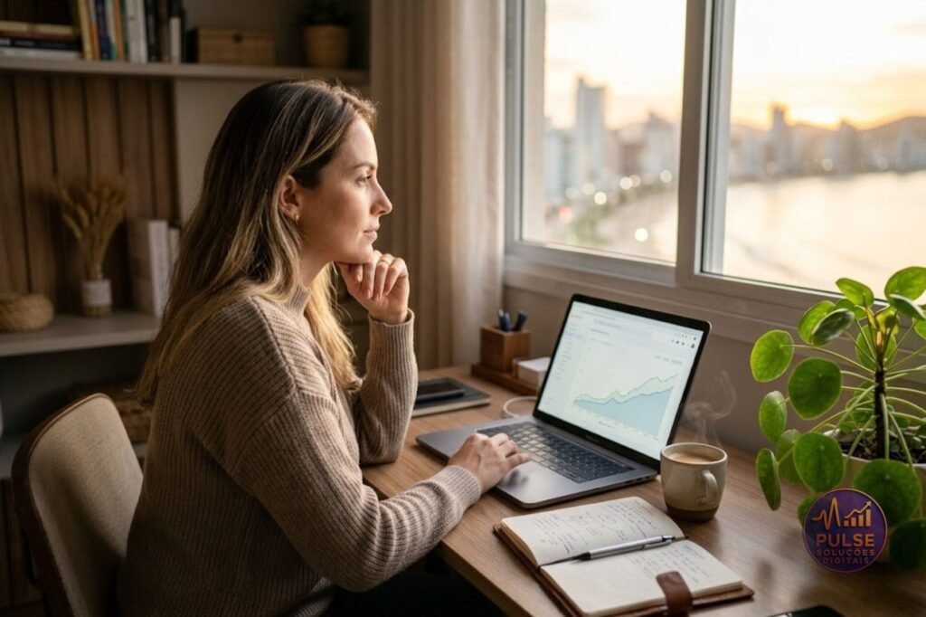 Mulher analisando métricas de crescimento no notebook em um escritório acolhedor iluminado pela luz da manhã, ilustrando o planejamento de uma Estratégia de Tráfego Orgânico sustentável e crescente.