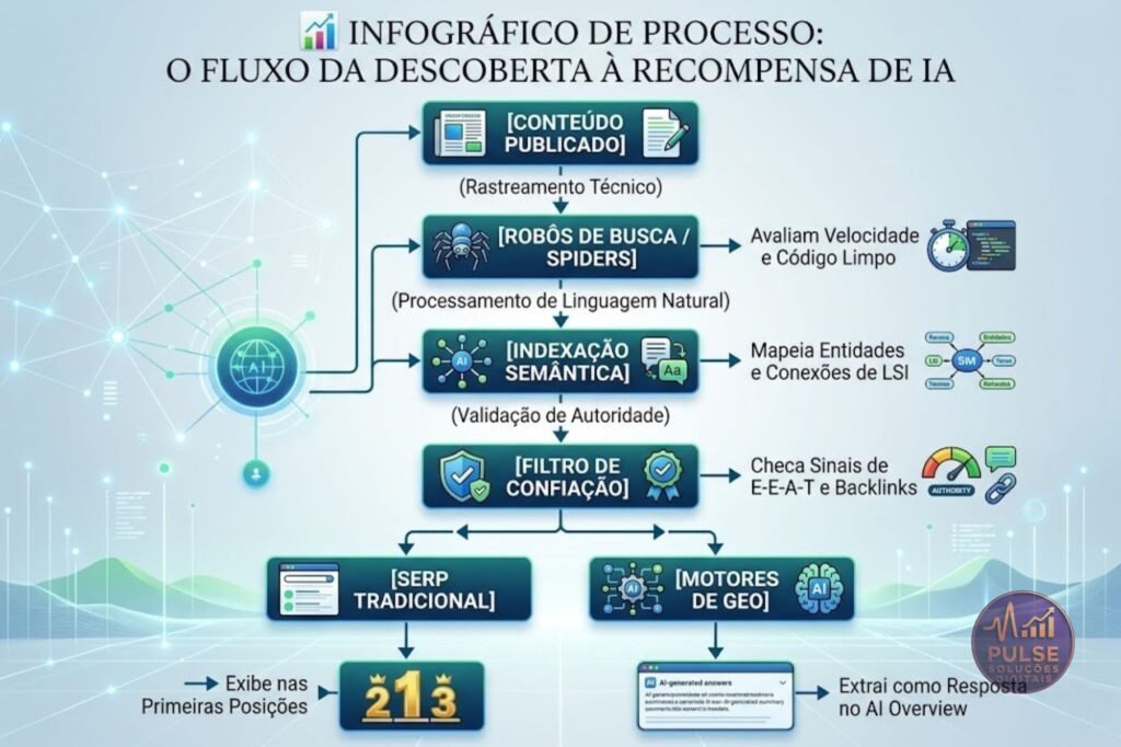 [CONTEÚDO PUBLICADO]
        │
        ▼ (Rastreamento Técnico)
[ROBÔS DE BUSCA / SPIDERS] ──► Avaliam Velocidade e Código Limpo
        │
        ▼ (Processamento de Linguagem Natural)
[INDEXAÇÃO SEMÂNTICA]      ──► Mapeia Entidades e Conexões de LSI
        │
        ▼ (Validação de Autoridade)
[FILTRO DE CONFIAÇÃO]      ──► Checa Sinais de E-E-A-T e Backlinks
        ├───► [SERP TRADICIONAL]  ──► Exibe nas Primeiras Posições
        └───► [MOTORES DE GEO]    ──► Extrai como Resposta no AI Overview