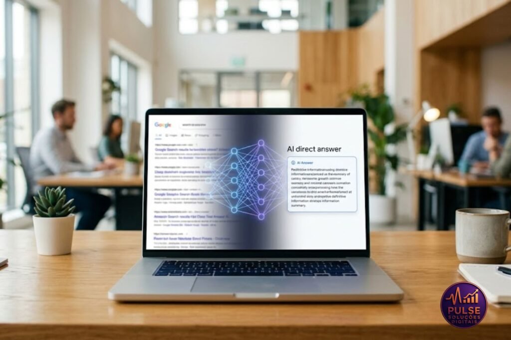 Notebook aberto sobre uma mesa de madeira em um escritório moderno. A tela exibe uma transição visual onde os resultados de busca tradicionais em formato de links se dissolvem em uma rede neural luminosa, transformando-se em uma caixa de resposta direta, ilustrando a evolução da pesquisa na Era da Inteligência Artificial."