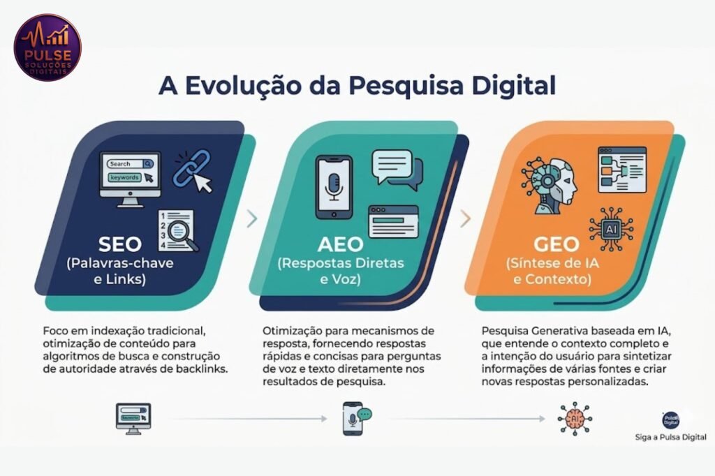 Infográfico intitulado "A Evolução da Pesquisa Digital". A imagem ilustra três etapas em blocos coloridos sequenciais: o primeiro bloco, em azul escuro, representa o SEO (Palavras-chave e Links), focado em indexação tradicional. O segundo bloco, em verde, mostra o AEO (Respostas Diretas e Voz), voltado para respostas rápidas. O terceiro bloco, em laranja, destaca o GEO (Síntese de IA e Contexto), marcando o avanço para a Era da Inteligência Artificial, focado em pesquisa generativa e compreensão da intenção do usuário. No canto inferior direito, há o logotipo com a chamada "Siga a Pulsa Digital".