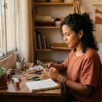 Uma pequena empreendedora focada gerencia seu smartphone em uma mesa de trabalho rústica e organizada, otimizando seu Perfil da Empresa no Google para atrair clientes locais.