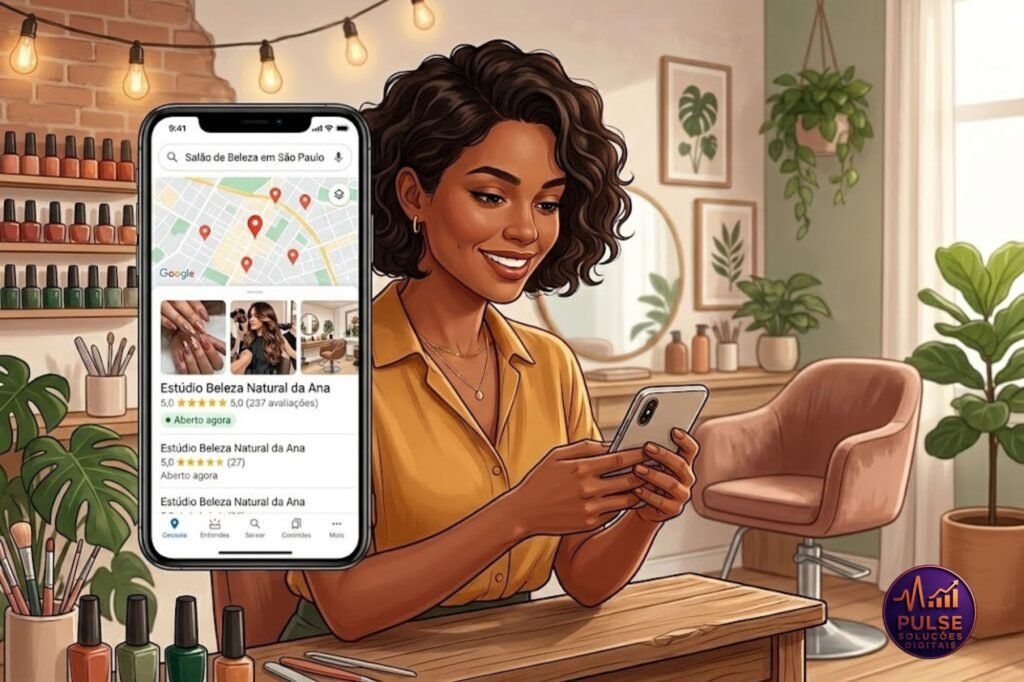 Ilustração de uma profissional de beleza em seu estúdio decorado com prateleiras de esmaltes, sorrindo ao usar um smartphone. Ao seu lado, uma tela flutuante exibe as informações detalhadas do Perfil da Empresa no Google para o negócio "Estúdio Beleza Natural da Ana" em São Paulo, incluindo um mapa e avaliações. A imagem refere-se ao arquivo Perfil-da-Empresa-no-Google-Pulse-soluções-digitais (1).jpg.