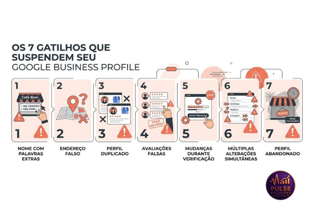 Infográfico intitulado 'OS 7 GATILHOS QUE SUSPENDEM SEU PERFIL DA EMPRESA NO GOOGLE'. A imagem apresenta sete pontos numerados, cada um com um ícone ilustrativo e uma explicação em português, sinalizados com avisos de alerta para suspensão. Os gatilhos são: 1. NOME COM PALAVRAS EXTRAS (como adicionar localização ou qualidades no nome da empresa), 2. ENDEREÇO FALSO, 3. PERFIL DUPLICADO, 4. AVALIAÇÕES FALSAS, 5. MUDANÇAS DURANTE VERIFICAÇÃO, 6. MÚLTIPLAS ALTERAÇÕES SIMULTÂNEAS, 7. PERFIL ABANDONADO. No canto inferior direito, o logotipo da Pulse Soluções Digitais confirma a autoria.